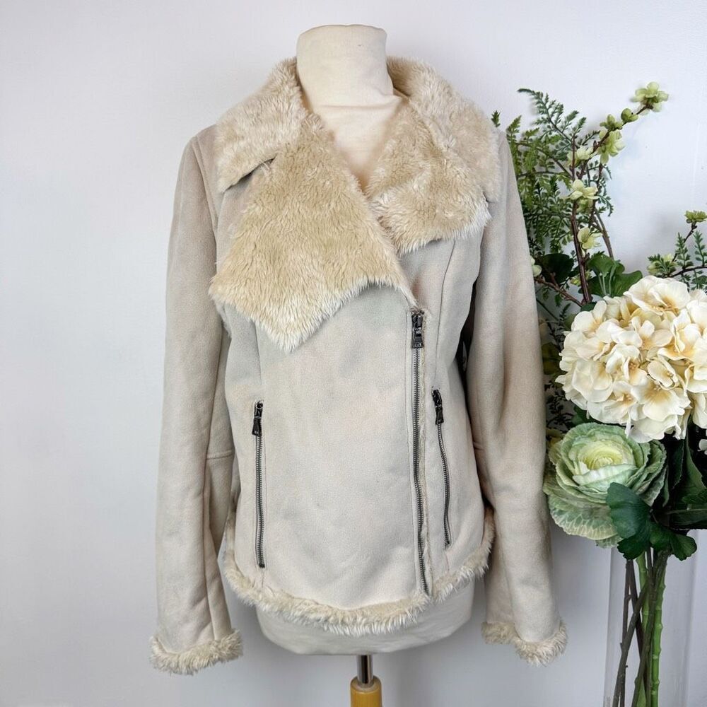 Express Faux Suede Moto Jacket Cream Shearling Collar Zip Front Large